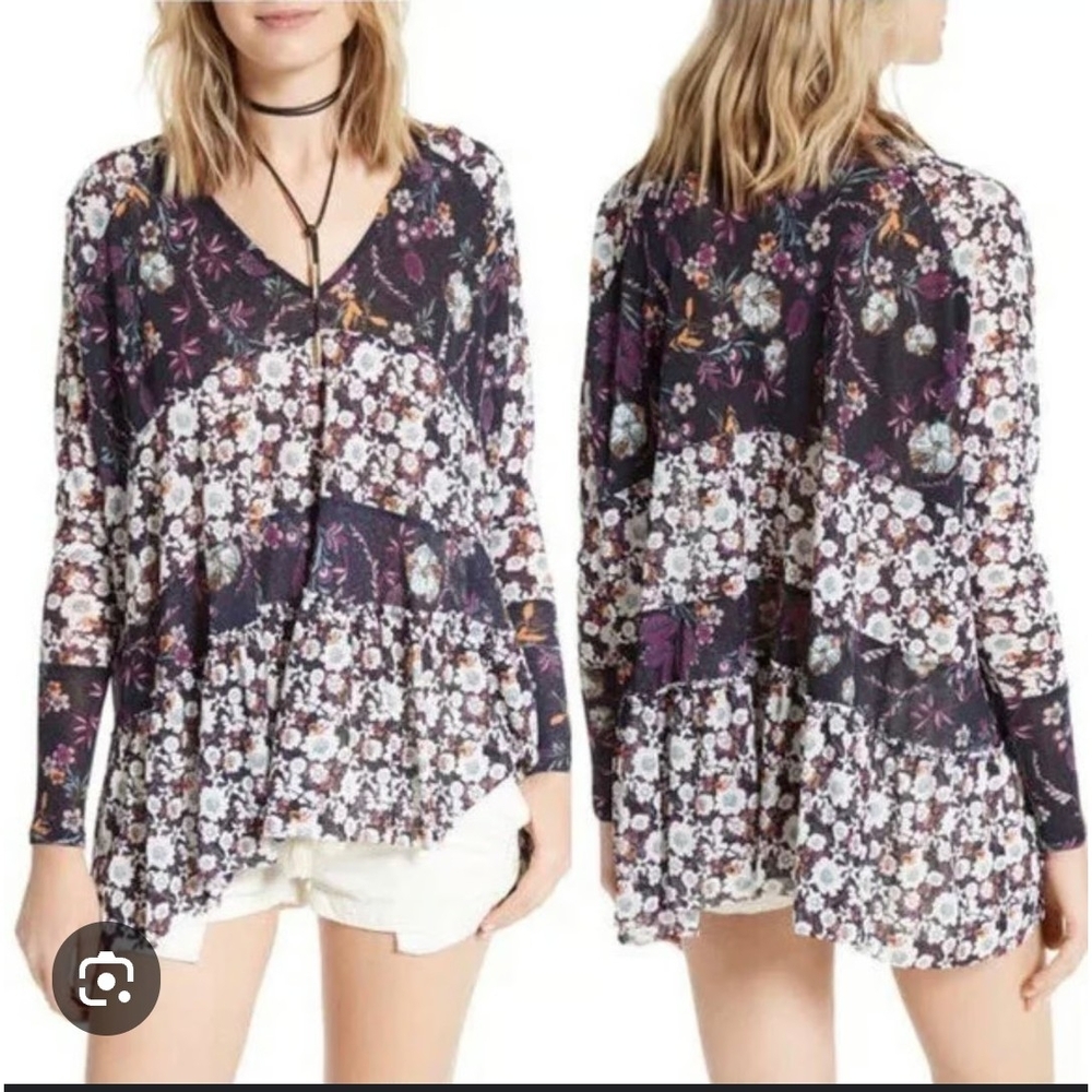 Free People Floral Boho V-Neck Long Sleeve Blouse Top Oversized Sheer Size XS